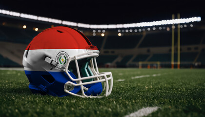 An American football helmet with the Paraguay flag design sits on a field at night, under stadium lights