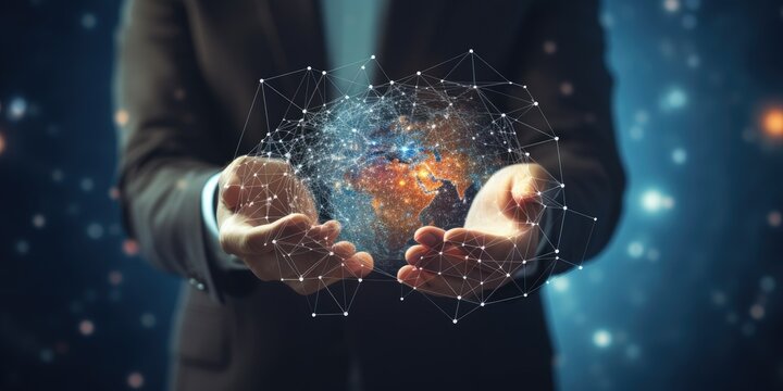 Hand of businessman touching global network connection information data exchanges, Abstract futuristic, Science and innovation of technology