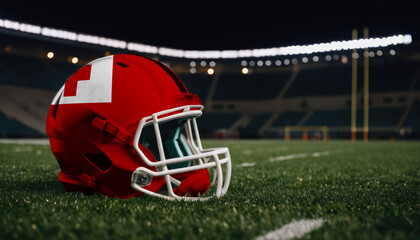 An American football helmet with the Tonga flag design sits on a field at night, under stadium lights