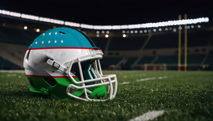 An American football helmet with the Uzbekistan flag design sits on a field at night, under stadium lights
