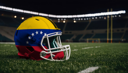 An American football helmet with the Venezuela flag design sits on a field at night, under stadium lights