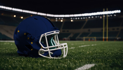 An American football helmet with the Alaska flag design sits on a field at night, under stadium lights