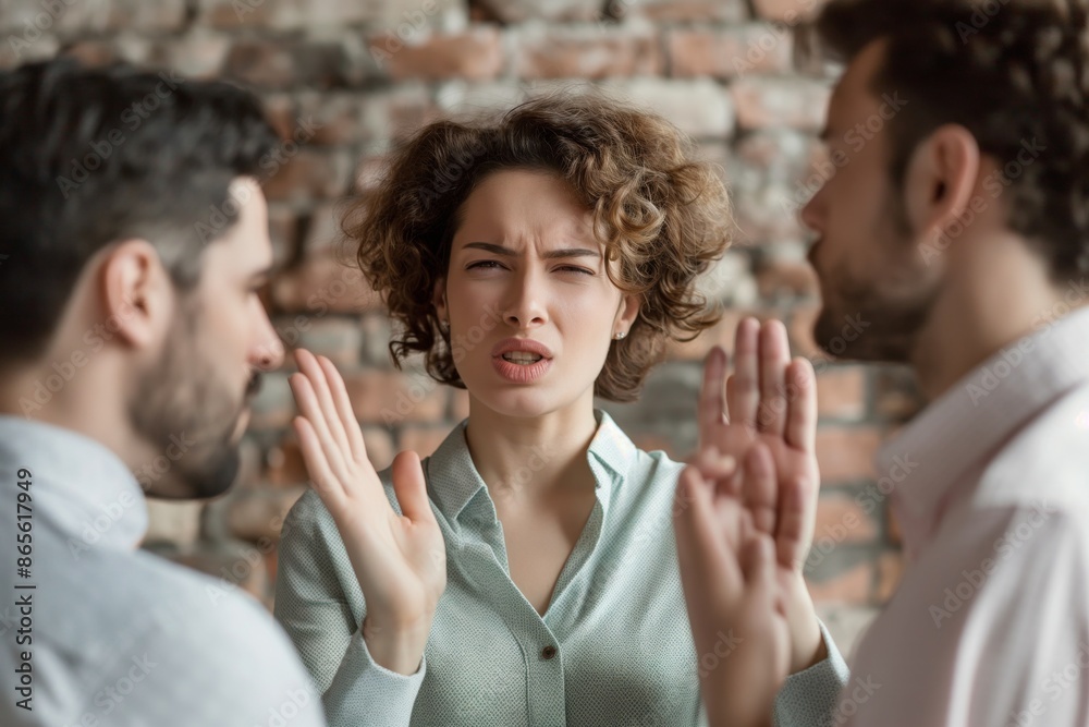 Wall mural A woman raises her hands, trying to mediate between two men who appear to be in a heated discussion, with a brick wall in the background.