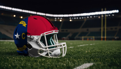 An American football helmet with the North Carolina flag design sits on a field at night, under stadium lights