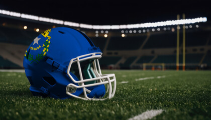 An American football helmet with the Nevada flag design sits on a field at night, under stadium lights