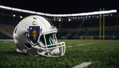 An American football helmet with the Massachusetts flag design sits on a field at night, under stadium lights