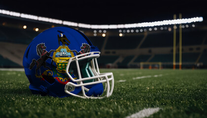 An American football helmet with the Pennsylvania flag design sits on a field at night, under stadium lights