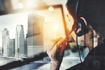 Urban, call center agent and woman with headset, double exposure and hand is office for...