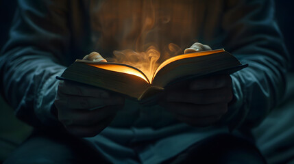 Person Holding Open Book With Glowing Light and Smoke
