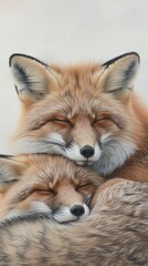 Fototapeta premium Two red foxes curled up together, sleeping soundly on a bed of dirt and leaves