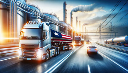 Fototapeta premium Modern tanker trucks, one showcasing the Liberia flag, journey from a refinery, signifying fuel distribution.