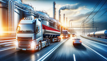 Modern tanker trucks, one showcasing the Netherlands flag, journey from a refinery, signifying fuel distribution.