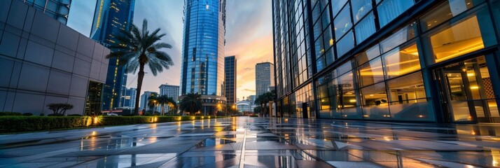 Modern cityscape with high-rise buildings and reflective glass facades during sunset. Ideal background for business themes, financial growth, and urban development