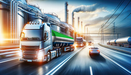 Fototapeta premium Modern tanker trucks, one showcasing the Sierra Leone flag, journey from a refinery, signifying fuel distribution.