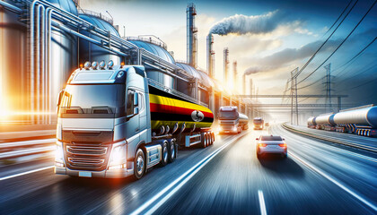 Modern tanker trucks, one showcasing the Uganda flag, journey from a refinery, signifying fuel distribution.