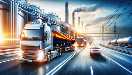 Fototapeta premium Modern tanker trucks, one showcasing the Arizona flag, journey from a refinery, signifying fuel distribution.