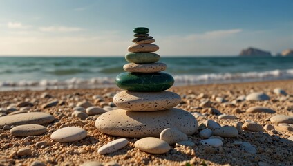 Fototapeta premium Summer beach landscape with balancing stones against the backdrop of the ocean and blue sky, symbolizing calm and relaxation. Wallpaper or background concept, creating a relaxing atmosphere