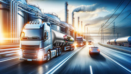 Fototapeta premium Modern tanker trucks, one showcasing the Illinois flag, journey from a refinery, signifying fuel distribution.