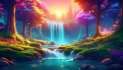 Fantasy morning forest nature landscape with trees, waterfall and sunrise. Serene dreamy surreal land