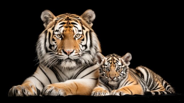 A tiger and its cub walk across a black studio background. The adult tiger has a fierce expression, while the cub looks more playful