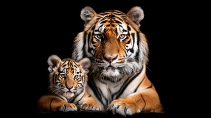 Fototapeta premium A tiger and its cub walk across a black studio background. The adult tiger has a fierce expression, while the cub looks more playful