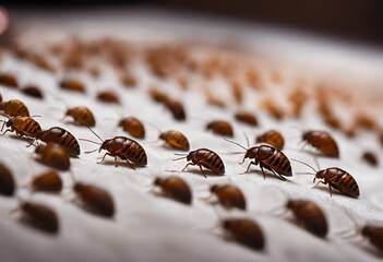 Close-up with many bed bugs in the house. Bed bug infestation
