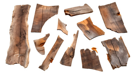 Collection of Pieces of Broken Planks Isolated on White Background | Isolated on Transparent & White Background | PNG File with Transparency