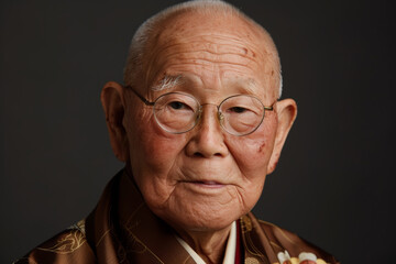 Obraz premium Close-up portrait of a senior man of Asian descent, studio photo, against a sleek gray studio backdrop