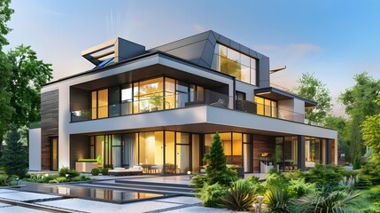 Fototapeta premium Modern luxury home exterior at sunset with pool and landscaping. Real Estate, Architecture, dream home concepts
