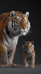Fototapeta premium A tiger and its cub walk across a black studio background. The adult tiger has a fierce expression, while the cub looks more playful