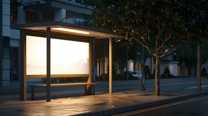 Fototapeta premium Illuminated Blank Billboard at Bus Stop. Nighttime City Advertising Mockup