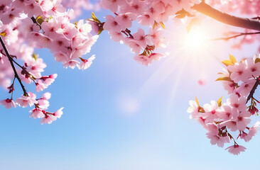 Horizontal banner with sakura flowers of pink color on sunny backdrop. Beautiful nature spring background with a branch of blooming sakura. Sakura blossoming season in Japan