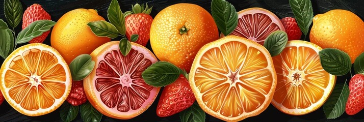 Elegant Abstract Fruit Background With Oranges and Strawberries