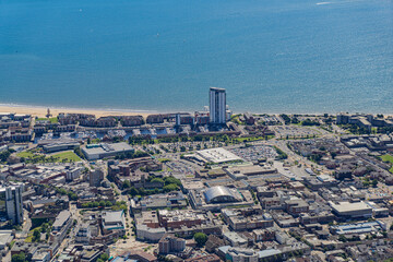 Aerial helicopter views over Swansea, Mumbles and the Gower Peninsular, Wales, UK
