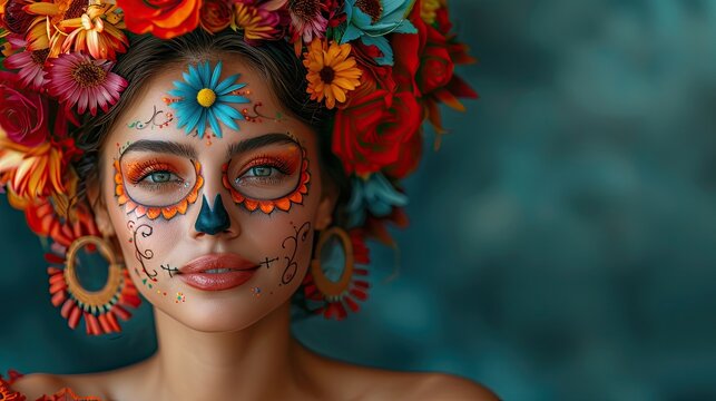 Woman with a face painted like a sugar skull wearing a colorful flower crown - Powered by Adobe