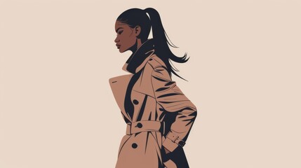Sleek illustration of a woman dressed in a classic trench coat, embodying timeless fashion with minimalist details