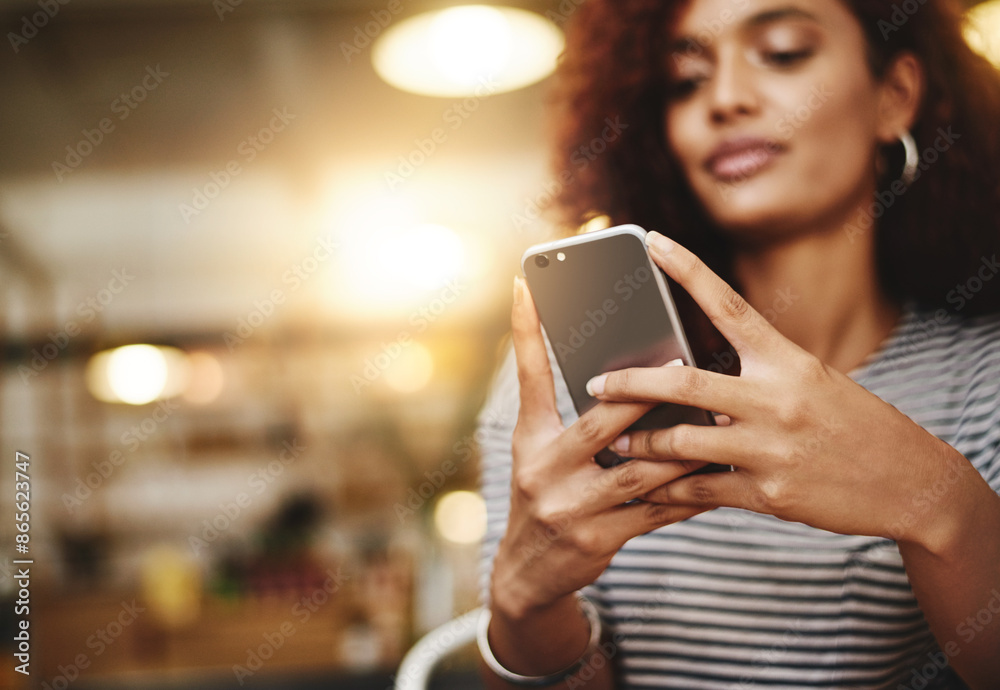 Poster smartphone, hands of woman and reading in coffee shop on social media, text and browsing on internet