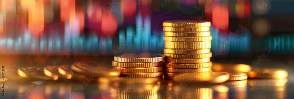 Aufkleber golden bitcoins stacked in front of colorful financial data charts. cryptocurrency and market trends