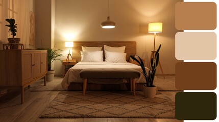 Interior of bedroom with soft bed and glowing lamps. Different color patterns