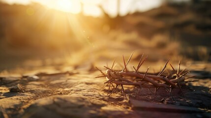 Fototapeta premium The cross, crown of thorns, red sunset symbolizing the sacrifice and suffering of Jesus Christ. Easter concept background depicting the cross, a desert landscape.