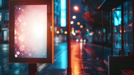 Blank advertisement billboard mockup in a rainy city street at night, ideal for showcasing your urban marketing campaign.