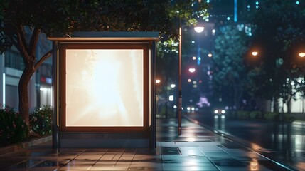Empty illuminated billboard at a bus stop on a rainy night in a modern city, perfect for advertisement mockup
