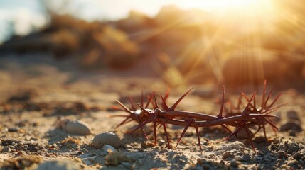 The cross, crown of thorns, red sunset symbolizing the sacrifice and suffering of Jesus Christ. Easter concept background depicting the cross, a desert landscape.