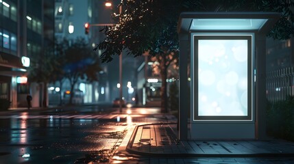 Blank billboard mockup at a bus stop on a rainy night in the city. Perfect for showcasing your advertisement design in a realistic urban setting.
