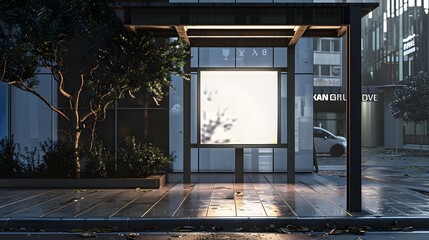 Empty illuminated bus stop advertisement mockup at night, wet sidewalk, city street. Concept for advertising, marketing, urban, commute