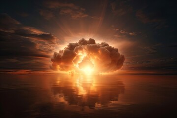 A stunning sunset over a calm ocean, with dramatic clouds illuminated by the golden light, reflecting on the water surface.