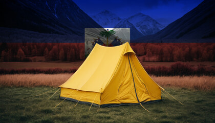 A symbol of adventure and patriotism, a tent stands tall against a backdrop of the Haiti flag and a breathtaking mountain vista.