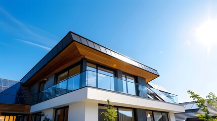 Modern, sustainable home with solar panels on a sunny day. Concepts. eco-friendly living, green energy, architecture, real estate, homeownership