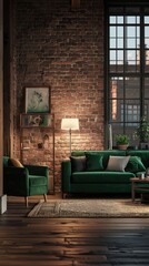 Cozy living room with brick walls, big window facing a city at night, and warm lighting from floor lamps and ceiling fixture on couch, coffee table, and armchair
