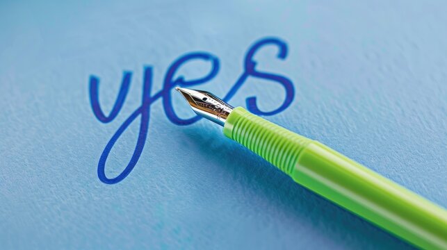 Concept of decision making illustrated with green pen and yes inscription on blue background